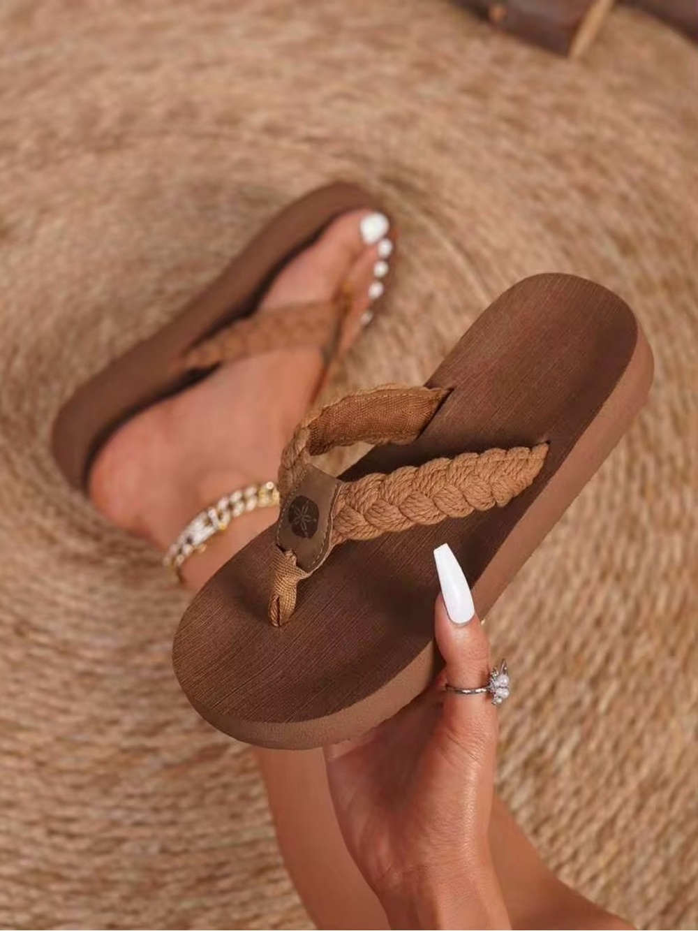 Braided Brown Platform Flip-Flop Sandals